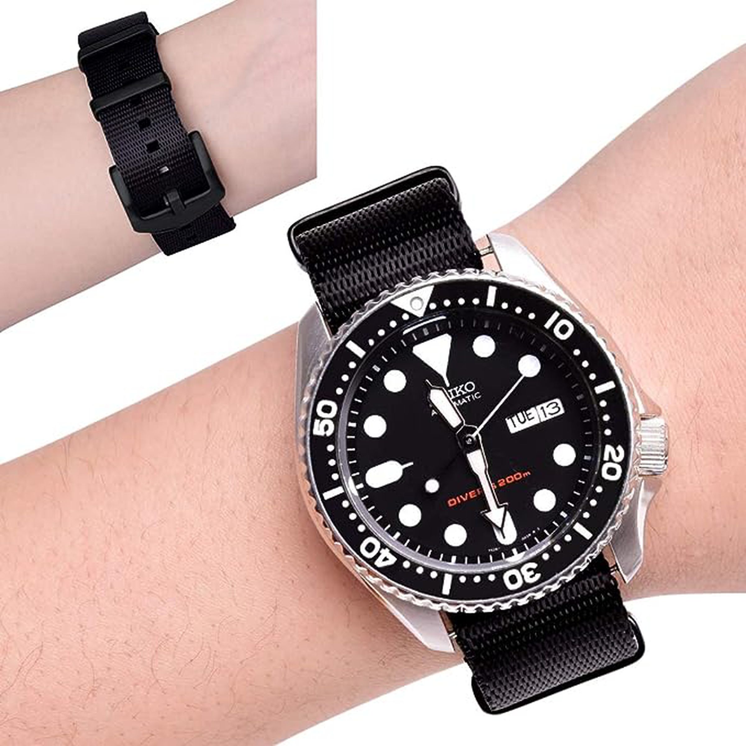 Two wrists, one with watch, other showing buckle of strap