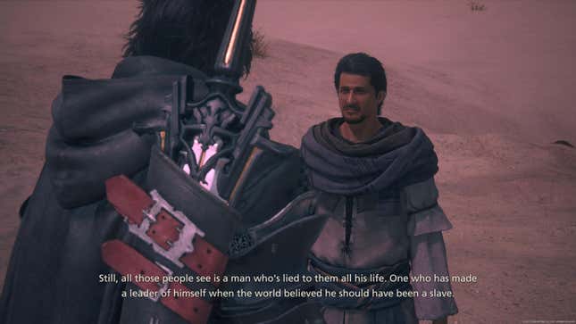 Clive and another character stand in a desert, as the character says of someone else, 